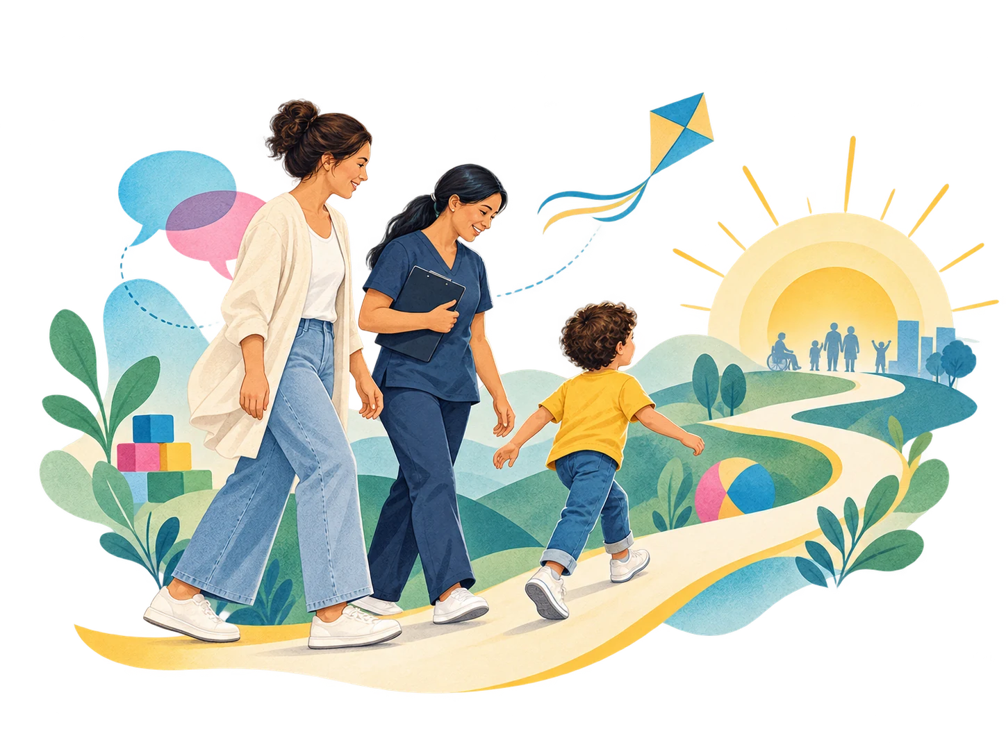 A child follows an open path toward a bright horizon with a caregiver and therapist walking supportively nearby.