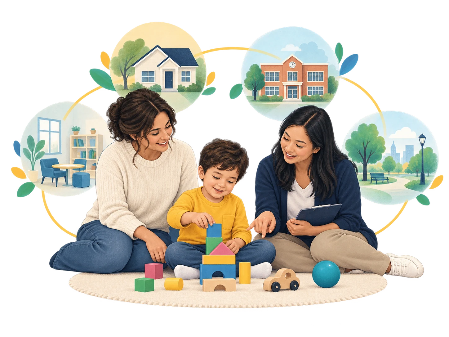 A child learns through play while a caregiver and therapist connect support across home, school, clinic, and community settings.