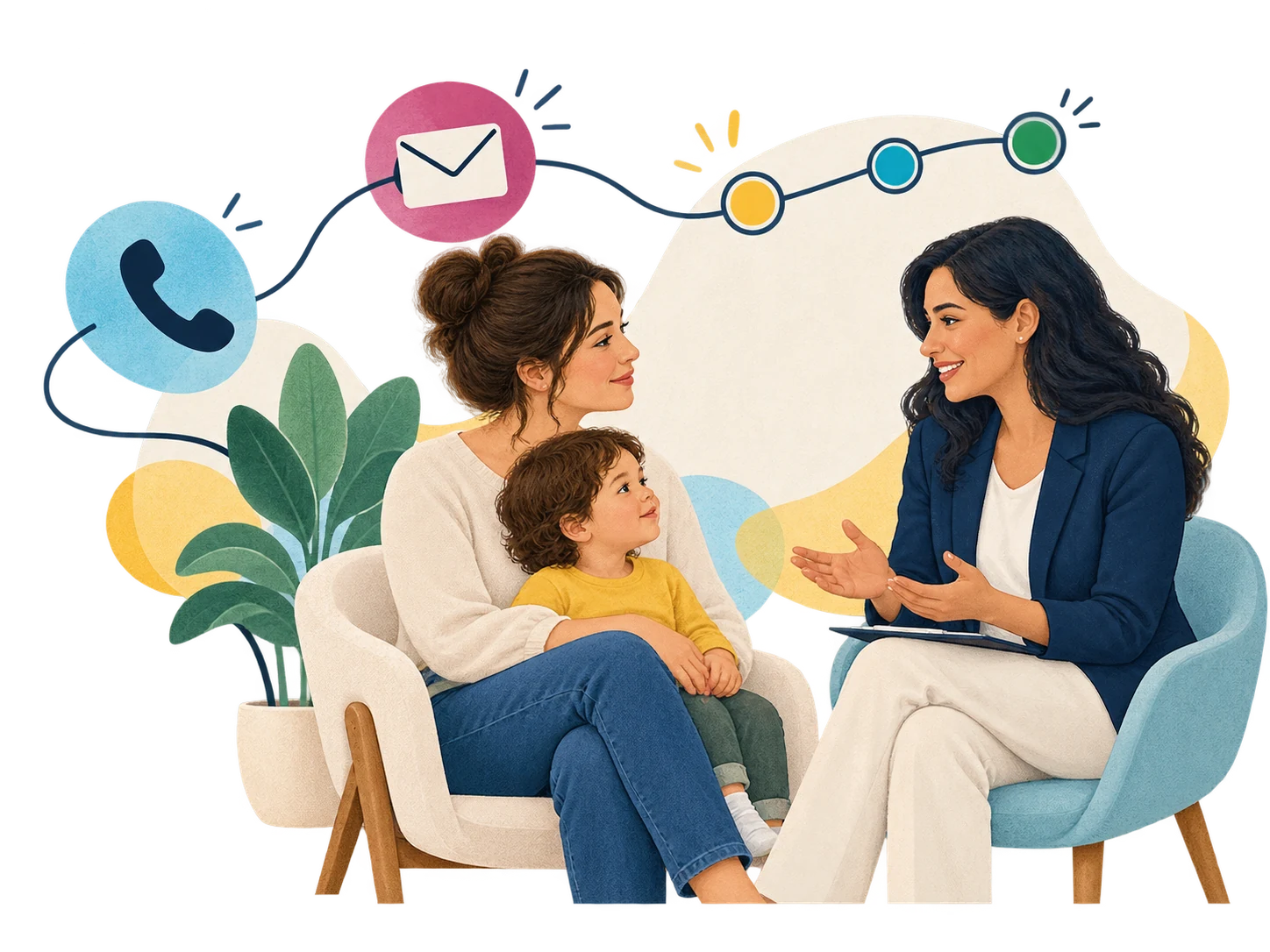 A care coordinator welcomes a parent and child, with phone, email, and next-step symbols nearby.