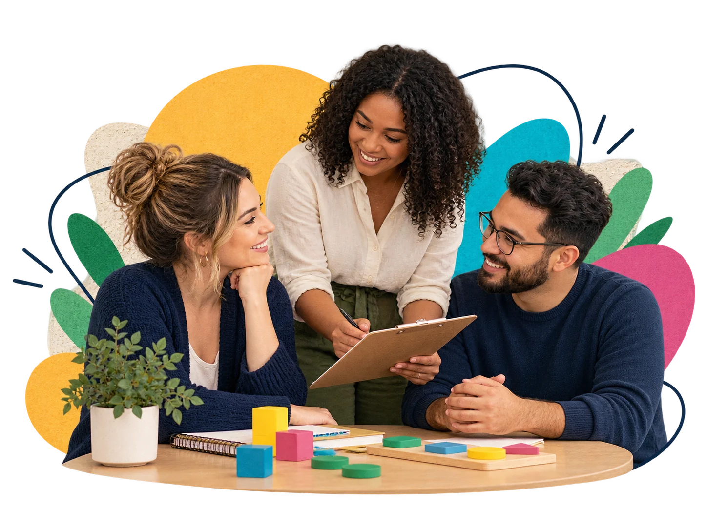 Three clinicians sharing ideas and practical learning materials in a supportive setting.