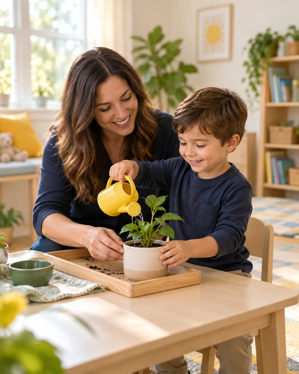 A child waters a plant with a therapist, practicing an everyday skill together.