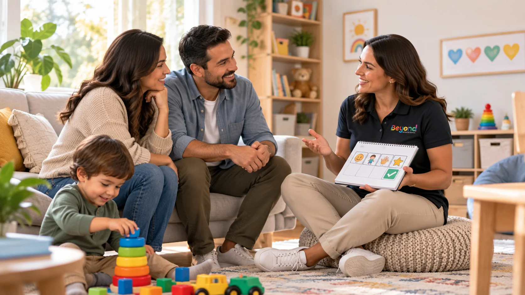 A therapist discusses a visual activity plan during a caregiver meeting.