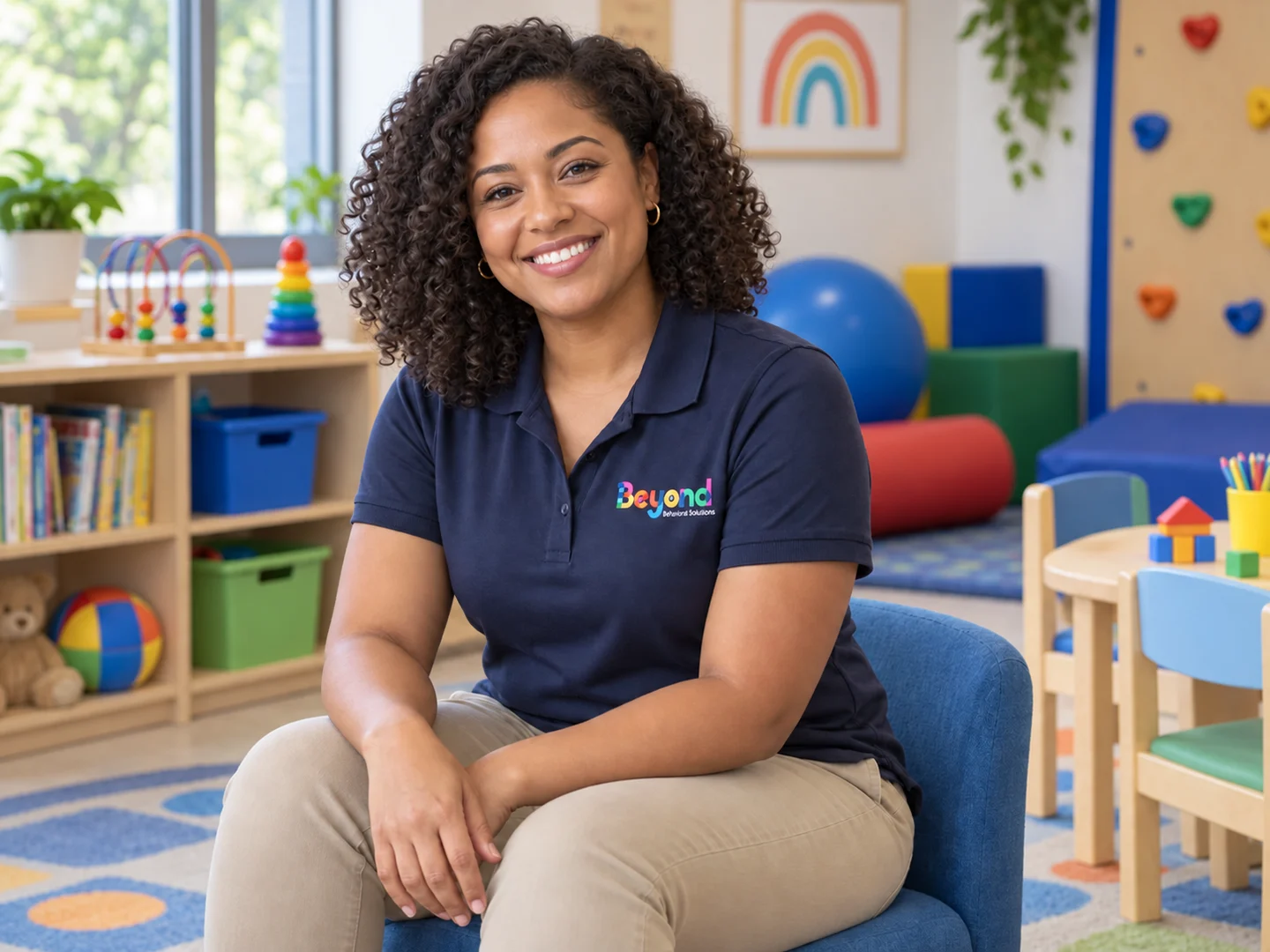 Fictional staff-photo placeholder: a woman wearing a navy BBS polo.