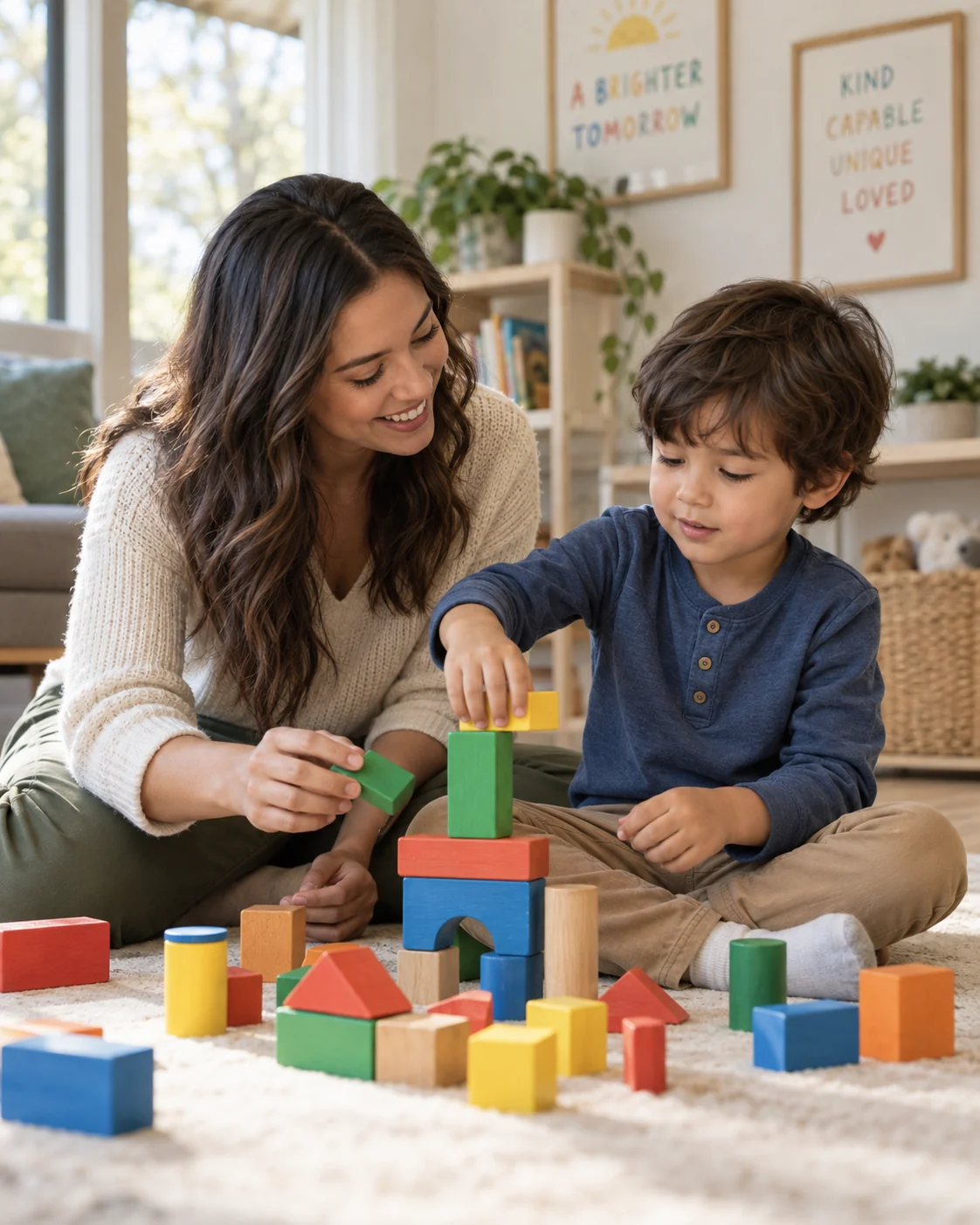 A therapist follows a child’s lead while they build with colorful blocks.