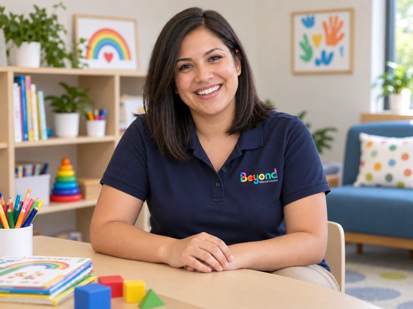 Fictional staff-photo placeholder: a woman wearing a navy BBS polo.