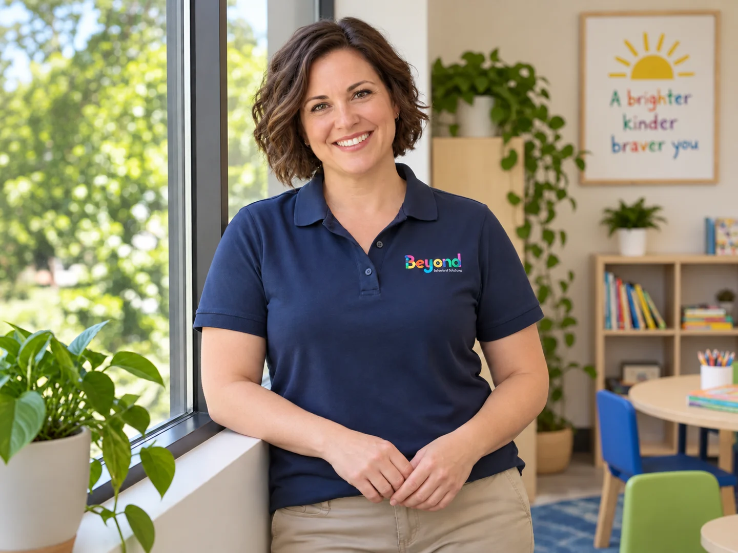 Fictional staff-photo placeholder: a woman wearing a navy BBS polo.