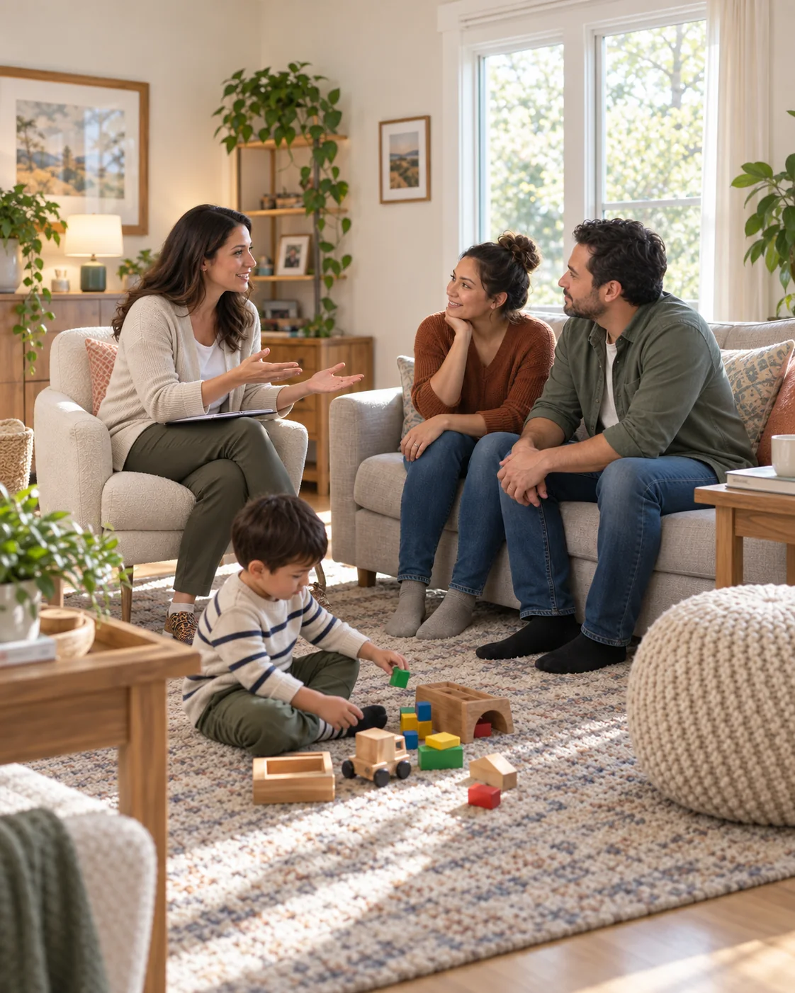 A therapist talks with two caregivers while their child plays nearby.